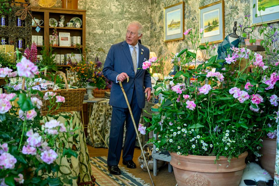 King Charles III, patron of the Royal Horticultural Society, looks around the Highgrove stand during a visit to the RHS Chelsea Flower Show at Royal Hospital Chelsea on May 20, 2025 in London, England.