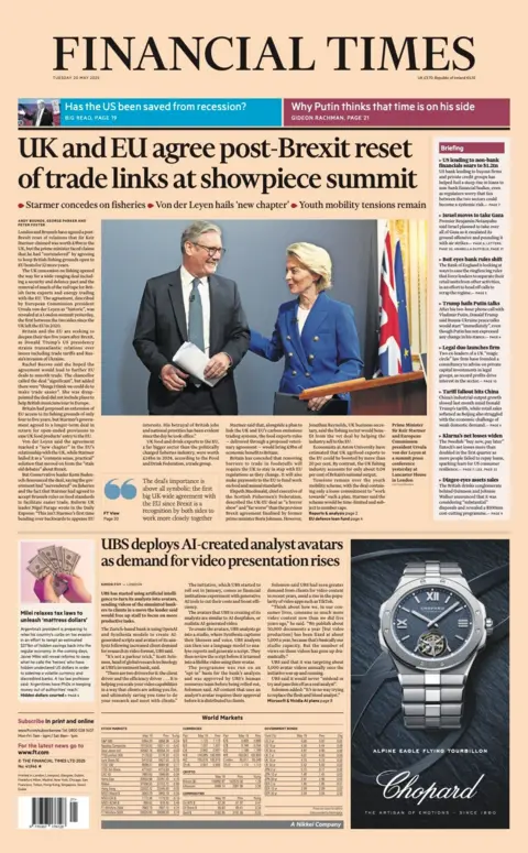 The headline on the front page of the Financial Times reads: "UK and EU agree post-Brexit reset of trade links at showpiece summit".