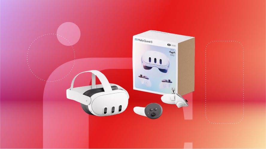 A Meta Quest 3 headset, controllers and box against a red gradient background. 
