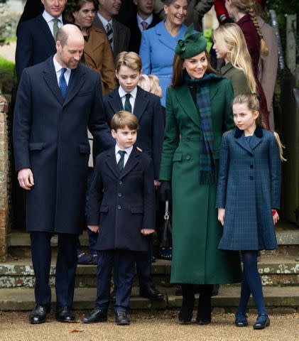Getty Images Prince William, Prince George, Prince Louis, Princess Kate, and Princess Charlotte attend the Christmas morning service on December 25, 2024