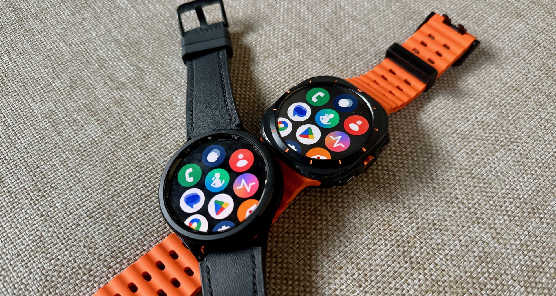 The Samsung Galaxy Watch 6 Classic (left) sitting atop the Galaxy Watch Ultra (right).