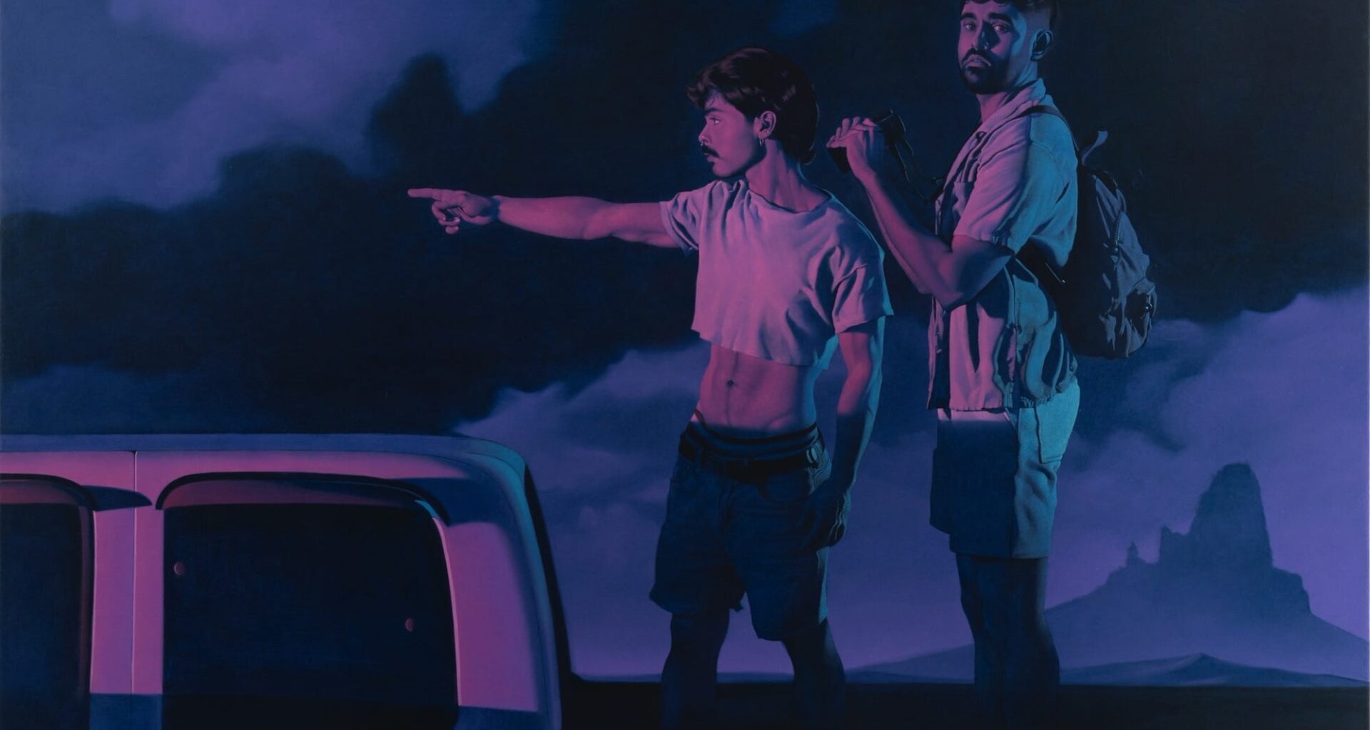 a detail of a painting of two male figures at night, standing together in the bed of a pickup truck and looking toward something just out of the frame