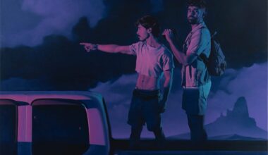 a detail of a painting of two male figures at night, standing together in the bed of a pickup truck and looking toward something just out of the frame
