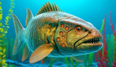 Illustration of ancient armored fish with sensory structures related to human tooth pain. Image generated by AI.