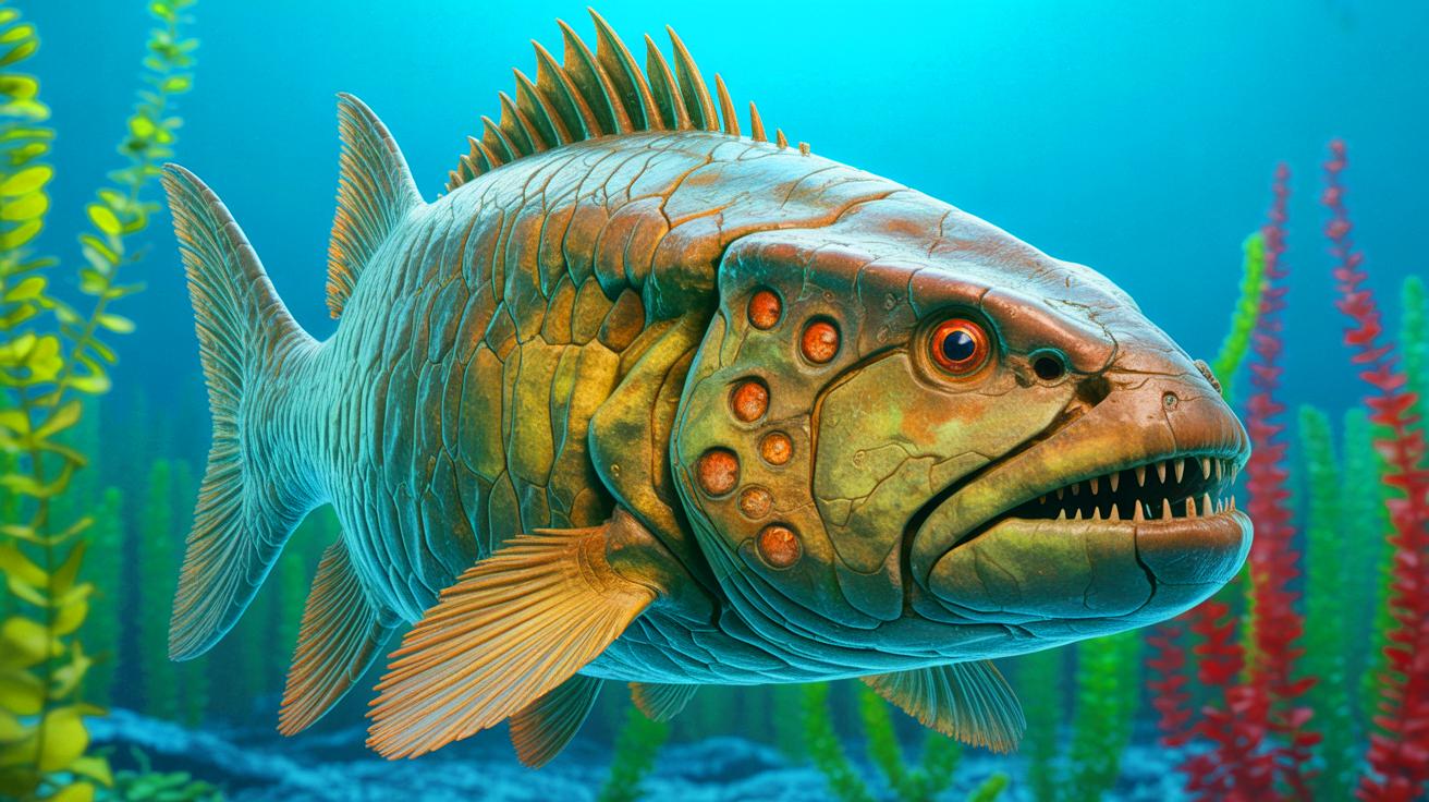 Illustration of ancient armored fish with sensory structures related to human tooth pain. Image generated by AI.