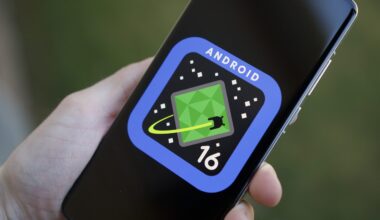 Android 16 logo on a phone.