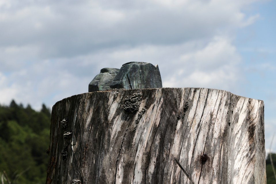 Sawed-off ankles of a bronze statue atop a tree stump.