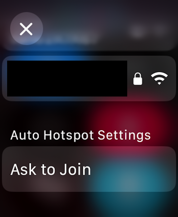 Auto Hotspot Settings accessed through pressing and holding the Wi-Fi icon in the Apple Watch Control Center.