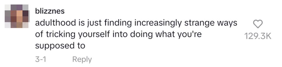 Social media comment: "Adulthood is just finding increasingly strange ways of tricking yourself into doing what you're supposed to."