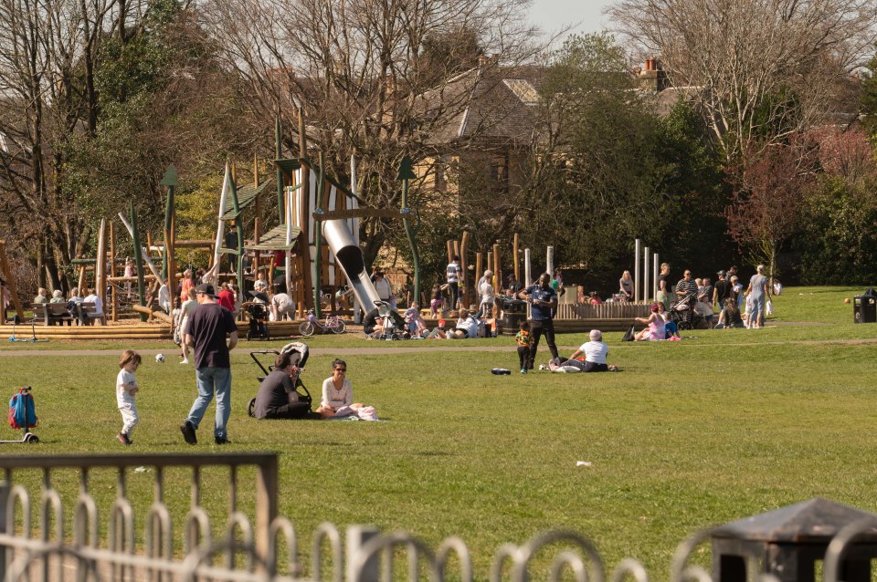 People relaxing and playing in Barshaw Park.
