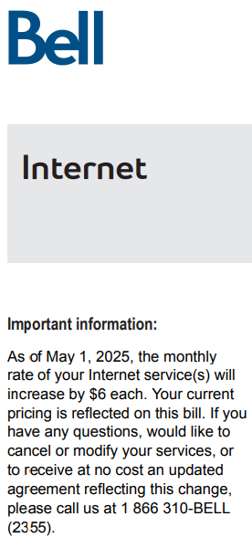 Bell May 2025 internet price increase.