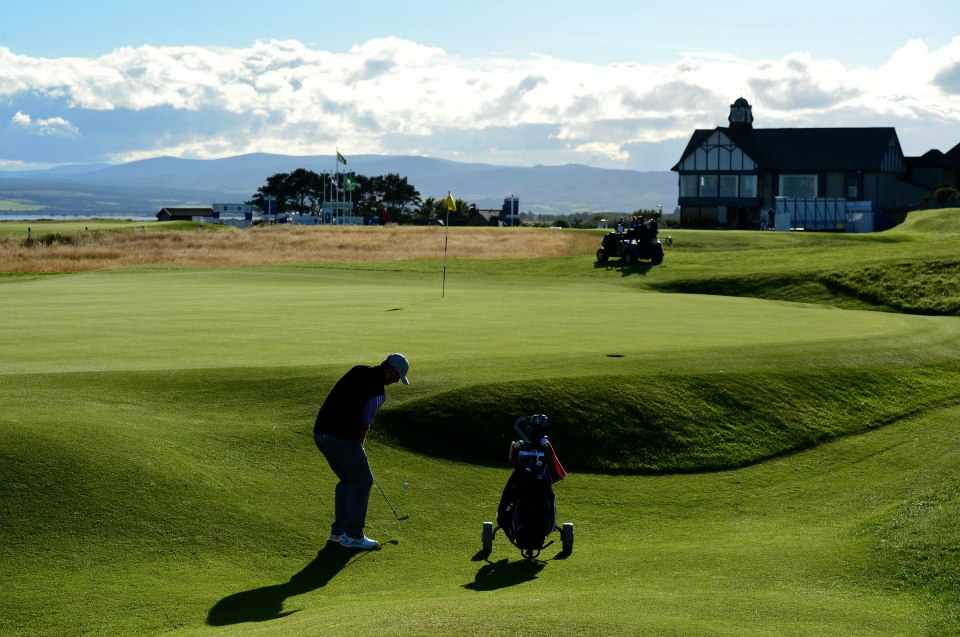 Golfer chipping on a green.