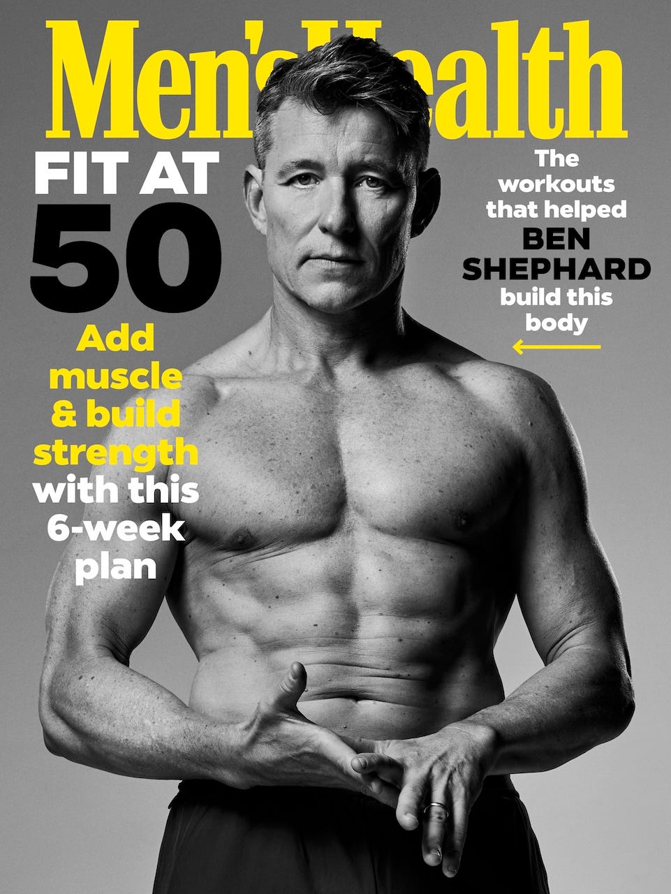 fitness magazine cover featuring a muscular man promoting fitness at age 50