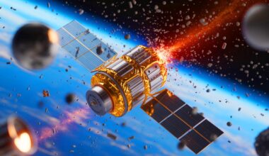 Illustration of a self-healing polymer protecting a satellite from space debris (AI-generated, non-realistic illustration). Credit: Ideogram.