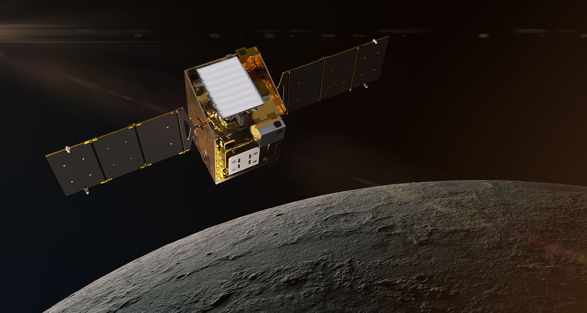 a cube-shaped gold foil-wrapped spacecraft above a grey, dusty orb