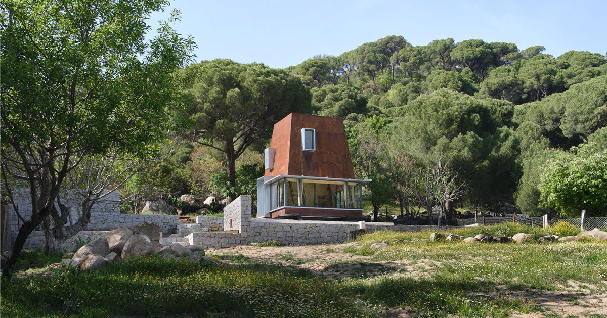 corten steel wraps angular cabin contrasting pergamon forests in turkey