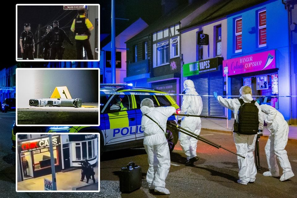 Firearms teams and forensics at the scene of a firearms incident in the High Street area of Bangor with inset ion May 18th 2025 (Photos by Kevin Scott)