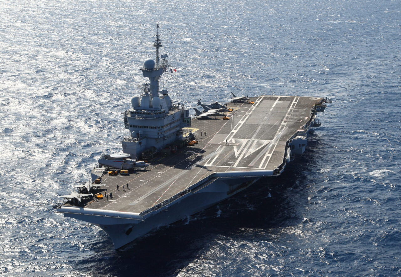 The French aircraft carrier Charles de Gaulle (R91) sails south of Cyprus in TaskForce437.