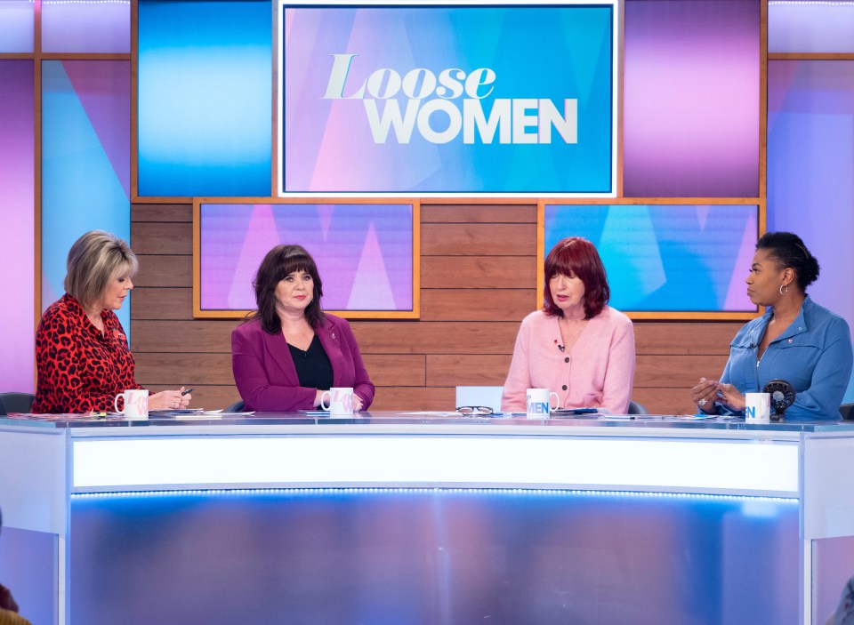 Four women seated at a table on the Loose Women TV show.