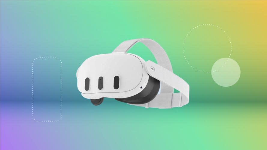 A white Meta Quest 3 headset against a purple, green and yellow gradient background. 