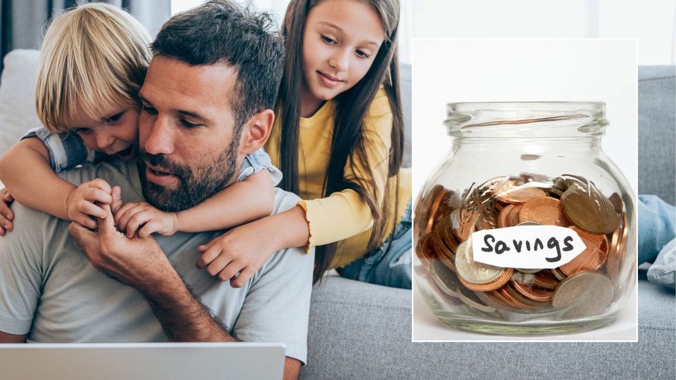 Dad with children and savings pot