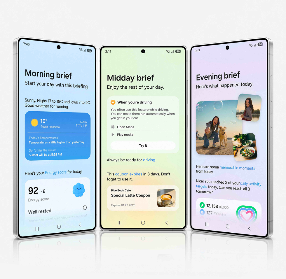 daily briefings from galaxy ai shown on the galaxy s25 ultra for the morning, midday and evening