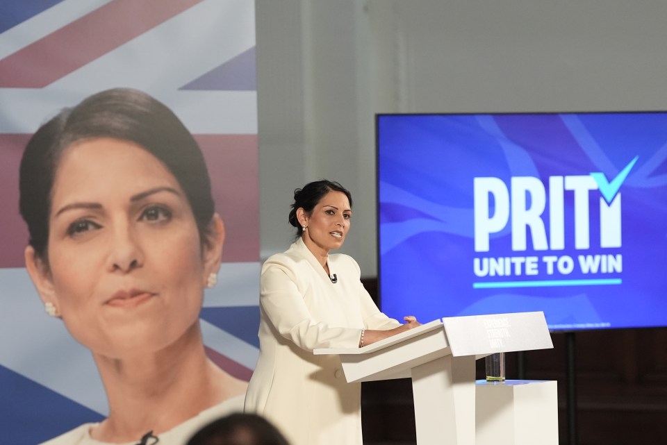 Priti Patel speaking at a Conservative Party leadership campaign event.