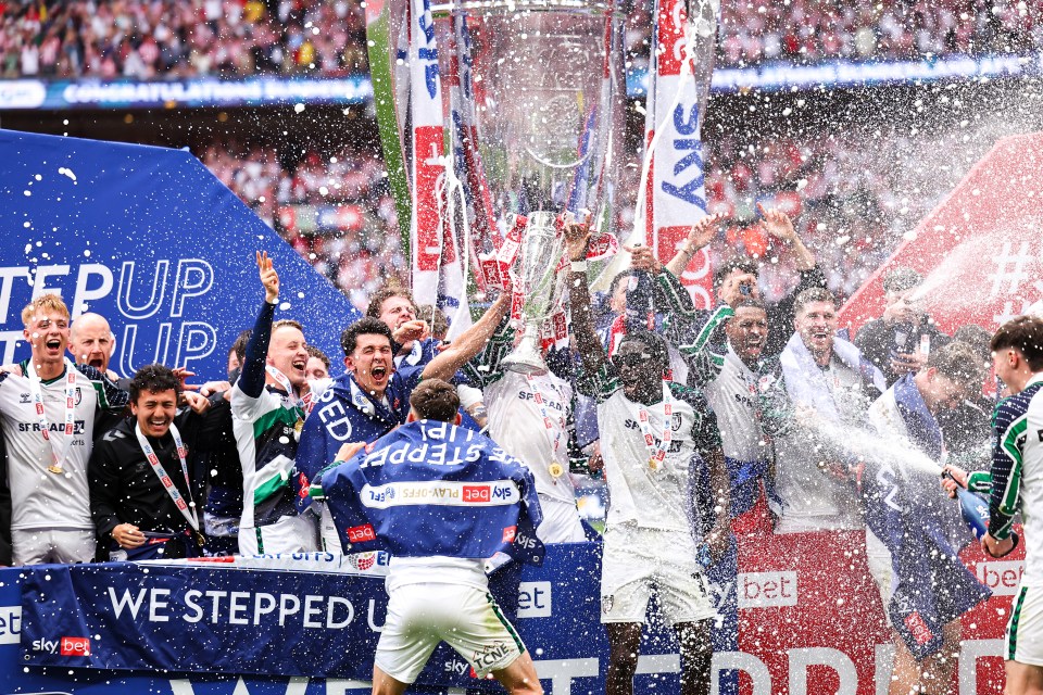 Sunderland players celebrating with the EFL Championship trophy.