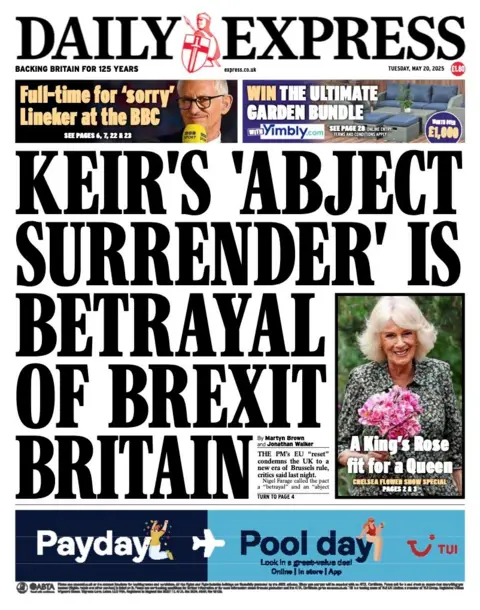 The headline on the front page of the Daily Express reads: "Keir's 'abject surrender' is a betrayal of Brexit Britain".