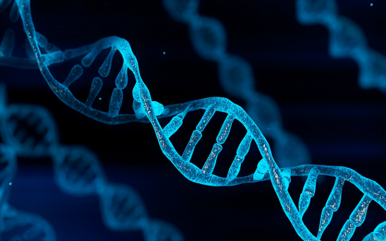 Blue chromosome DNA and gradually glowing flicker light matter chemical when camera moving closeup. Medical and Heredity genetic health concept. 