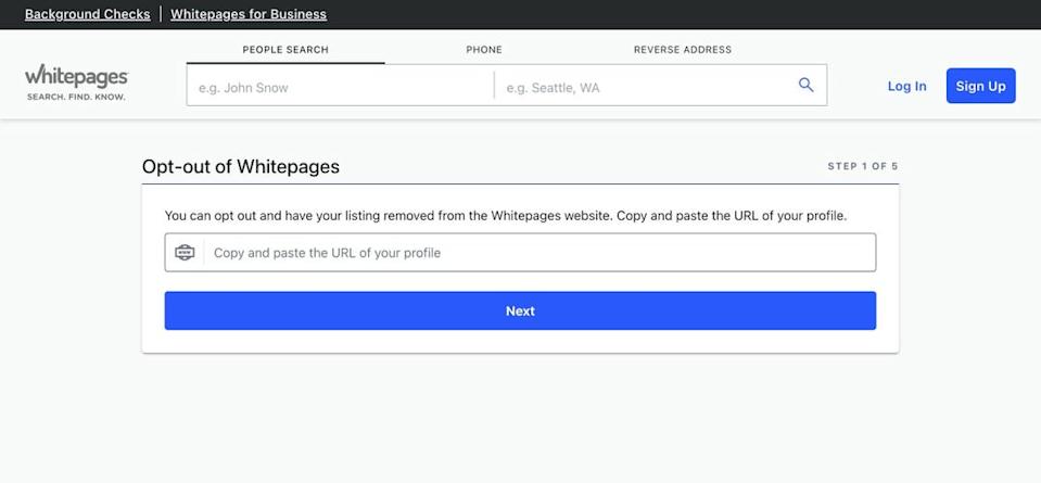 Past your profile URL in the Whitepage's opt out form.