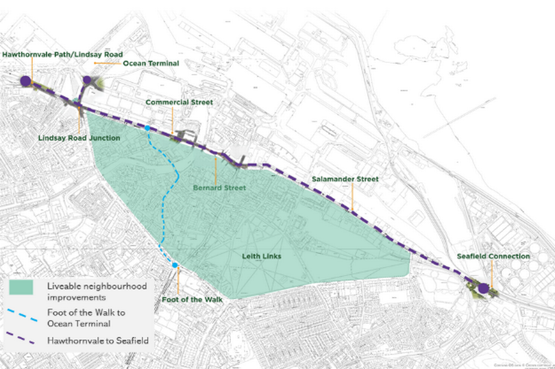 A map showing Leith, Edinburgh, with a green tint over the central area of the neighbourhood
