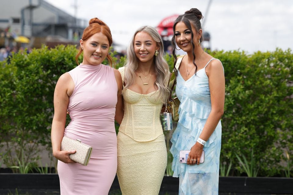 Lauren Murphy, Aimee Magill and Emma McAlynn pictured at the annual May Day Student Races 2025 at Down Royal Racecourse. Photo by Kelvin Boyes / Press Eye.