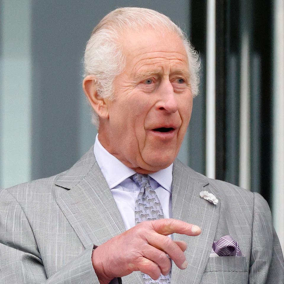  King Charles wears a gray suit and looks shocked while wife Queen Camilla wears a light blue suit jacket. 