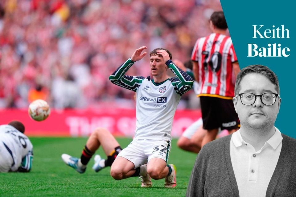 Sunderland's Trai Hume falls to his knees as the full-time whistles sounds at Wembley