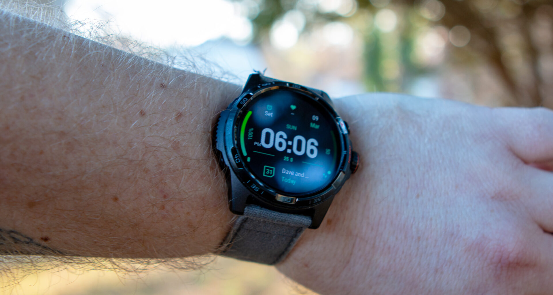 TicWatch Atlas on wrist showing primary display