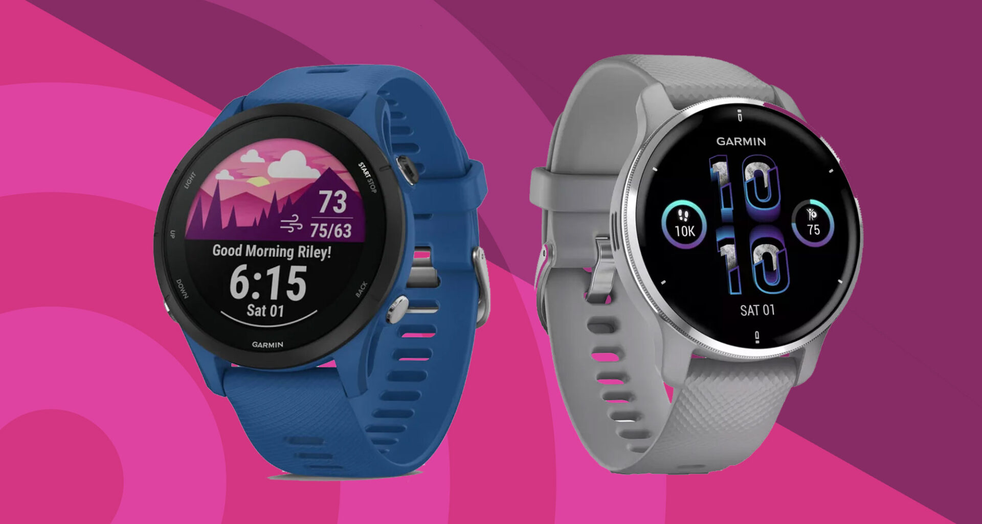 Garmin Venu 2 and Forerunner 265 on TechRadar background
