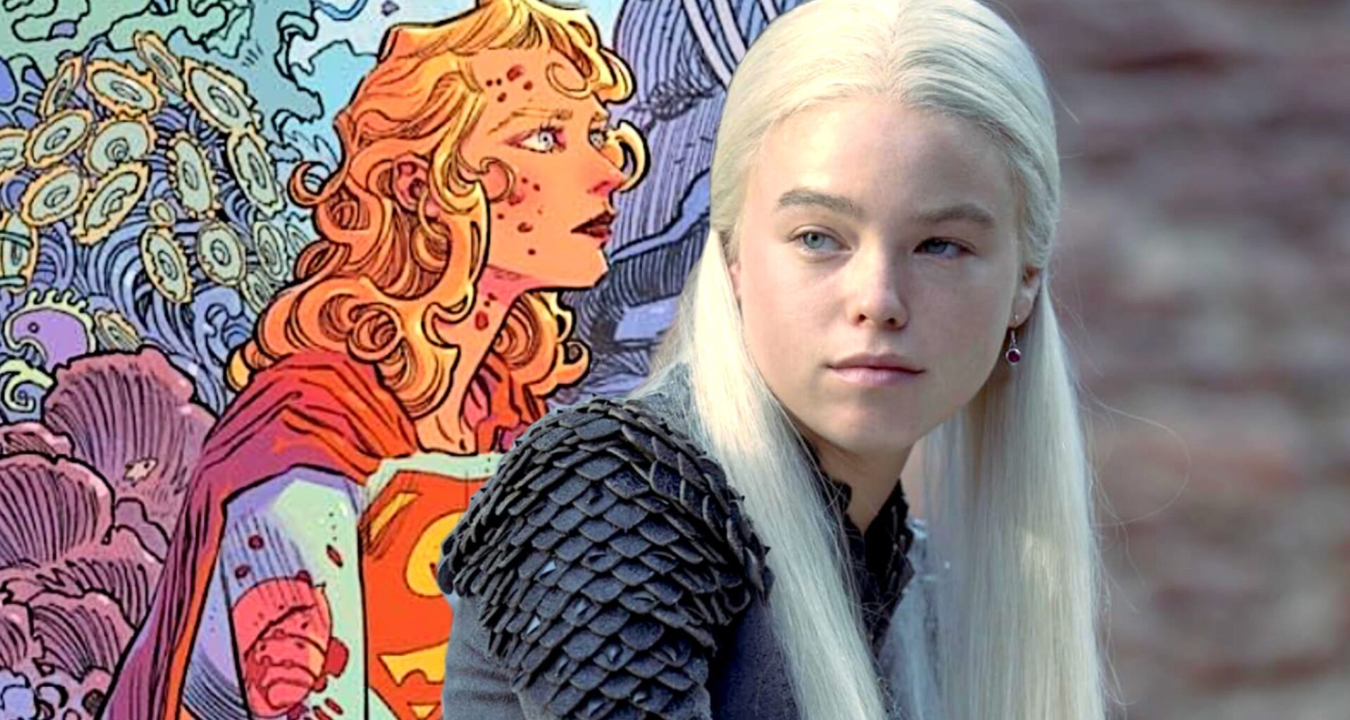 Supergirl comic next to Milly Alcock in House of the Dragon