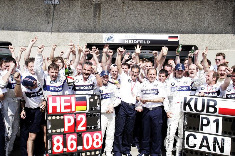 Sauber's only win came as a BMW works team at the 2008 Canadian Grand Prix with Roberto Kubica. Zehnder is pictured to the left of second-placed Nick Heidfeld. After the following season BMW pulled out as Sauber fought for survival once more