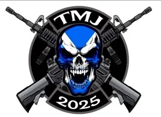 Illustration of a skull with a Scottish flag, crossed assault rifles, and the text "TMJ 2025".
