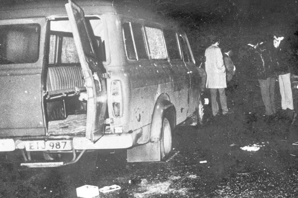 The bullet-hole-riddled bus after the Kingsmill tragedy. Photo: Alan Lewis/PA