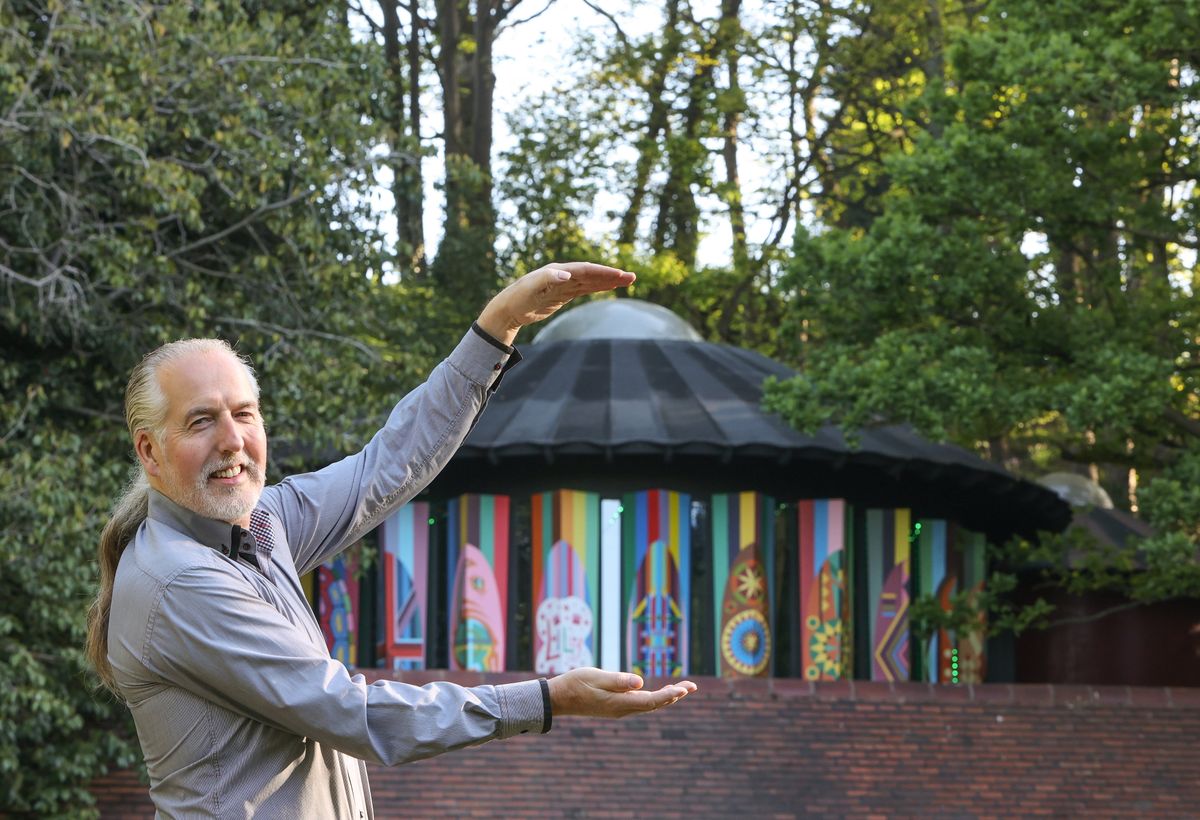 Hotel owner Steve Cuddy inside his cupcake-shaped wedding venue he built in his garden in Coleshill, Warwickshire.