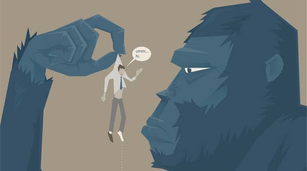 Illustration of a giant ape holding a nervous man in its hand. The man says, "umm... hi."