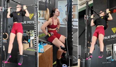 Split image of Olivia doing pull ups