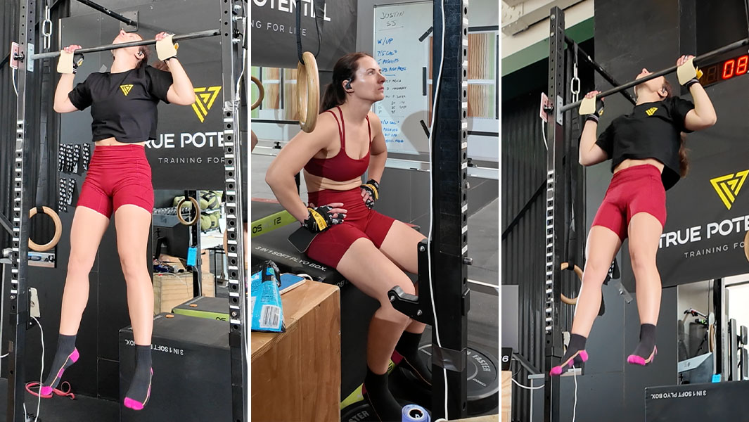 Split image of Olivia doing pull ups