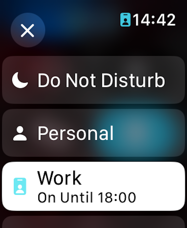Focus mode options from holding the Do Not Disturb icon in the Apple Watch Control Center.