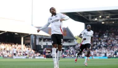 LONDON, ENGLAND: Reiss Nelson of Fulham celebrates scoring his team's third goal during the Premier League match between Fulham FC and Newcastle Un...