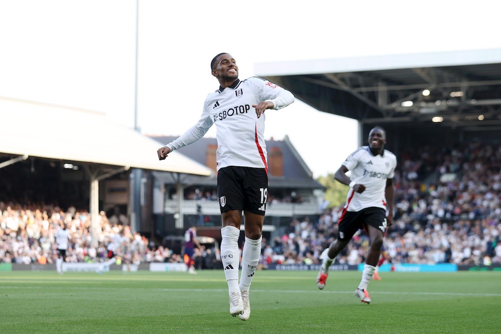 LONDON, ENGLAND: Reiss Nelson of Fulham celebrates scoring his team's third goal during the Premier League match between Fulham FC and Newcastle Un...