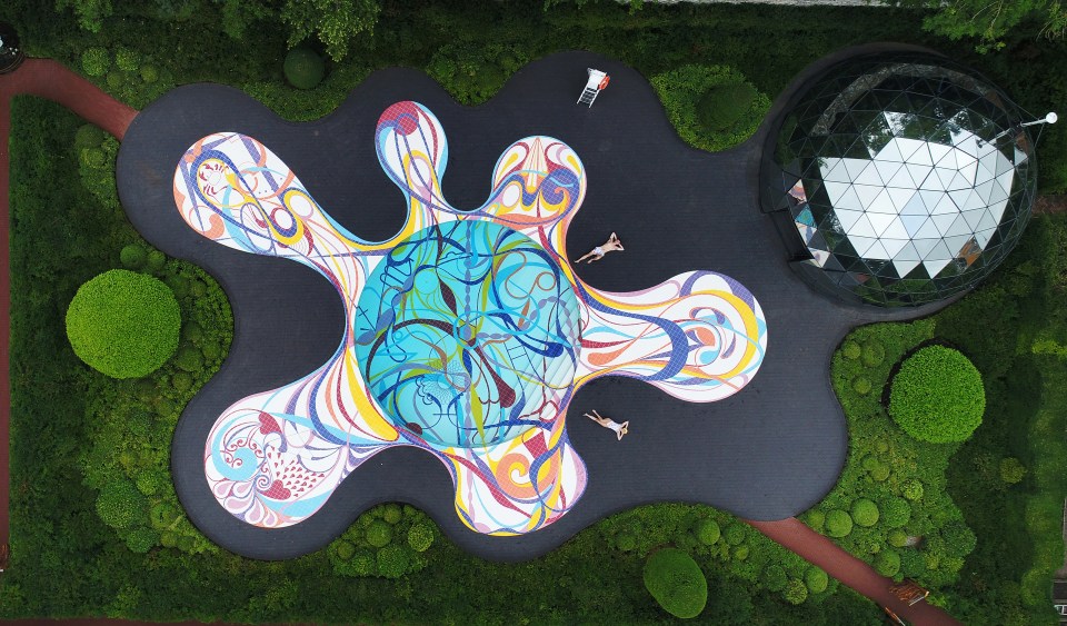 Aerial view of an intricately designed swimming pool with colorful tile patterns.