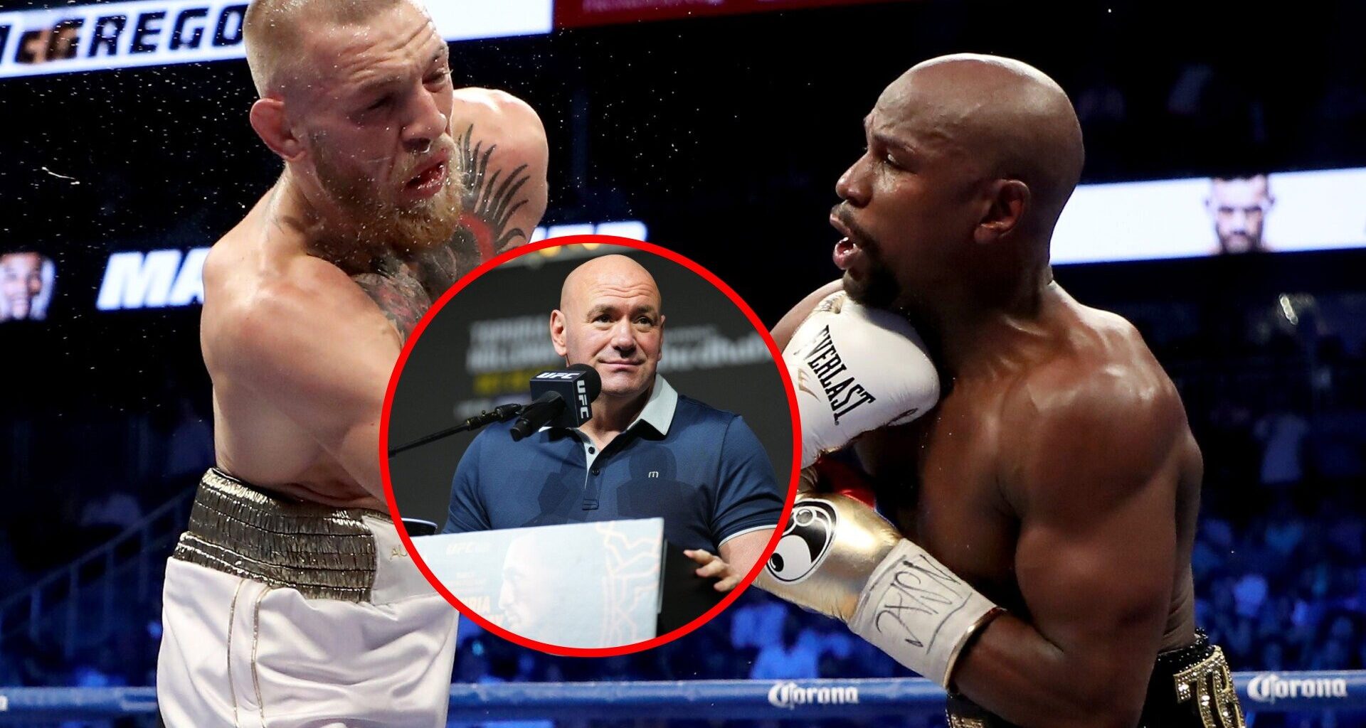 Main: Floyd Mayweather Jr. and Conor McGregor throw punches during their super welterweight boxing match in 2017 at T-Mobile Arena in Las Vegas. In...